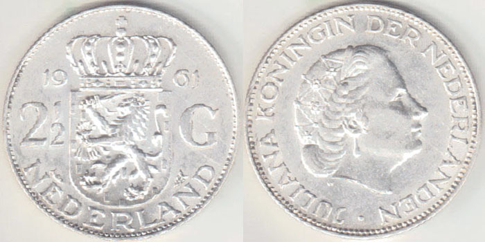 1961 Netherlands silver 2 1/2 Gulden A003933